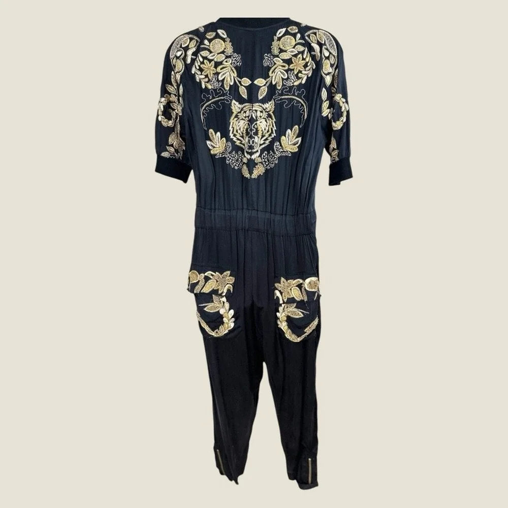 Ginebra Prive Irina Silk Jumpsuit SZ SM Black Bullion‎ Tiger Embroidery